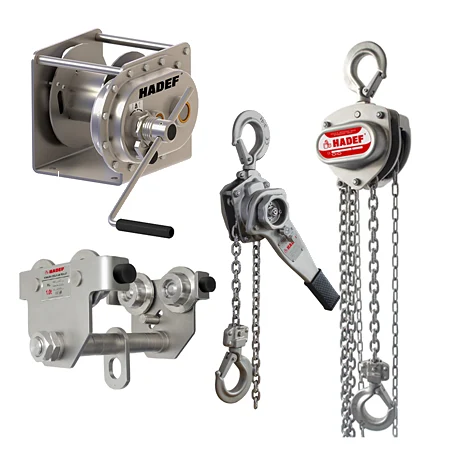 winches, trolleys, hoists made of stainless steel
